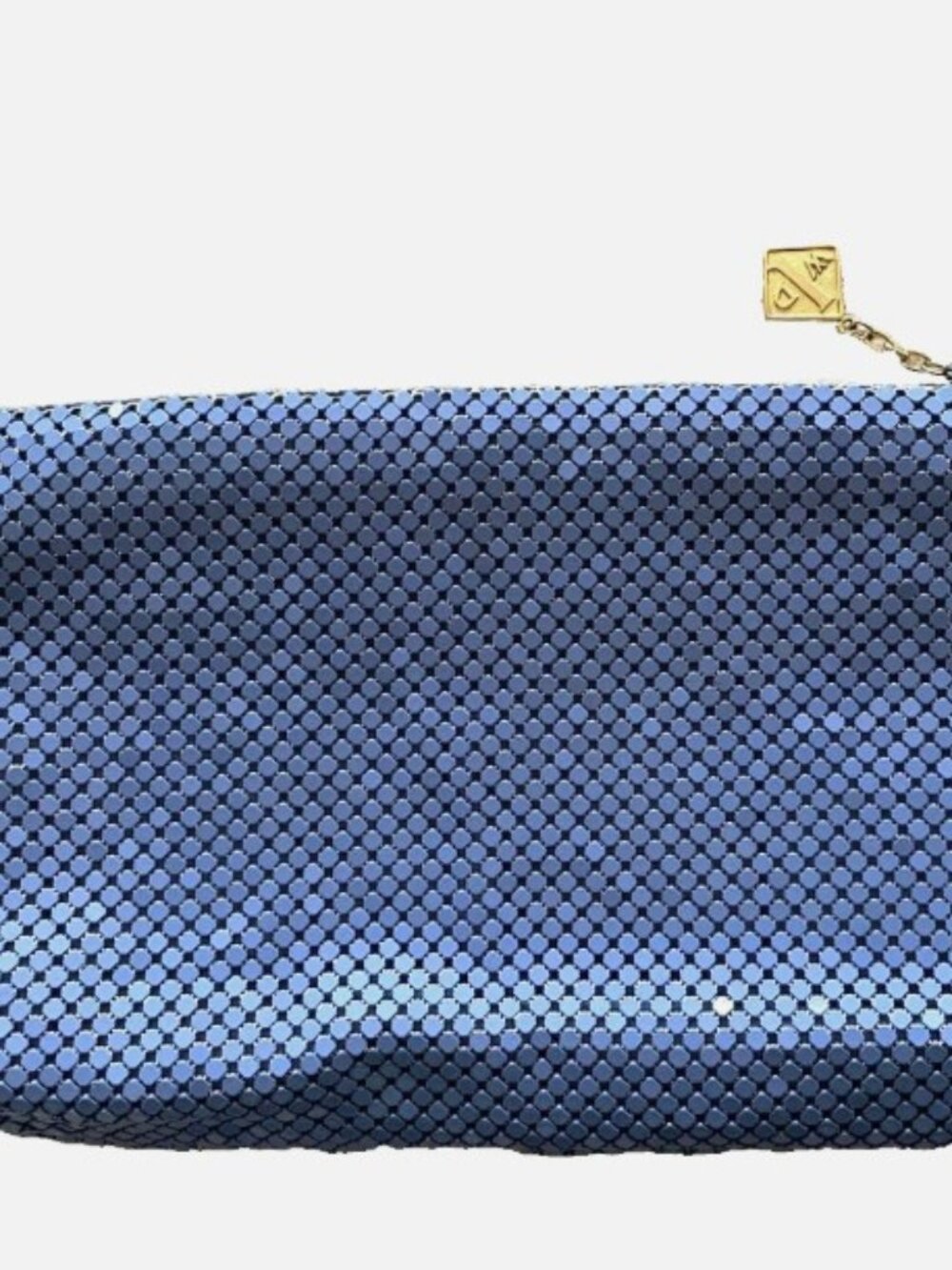 Whiting and Davis Vintage Clutch Purse Blue Mesh Metal Gold WD Logo Zipper Pull